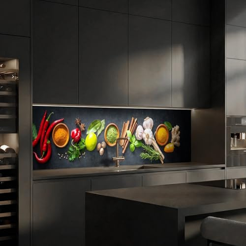 dedeco Küchenrückwand Gewürze V2 240x60cm PVC 5mm UV glänzend Spritzschutz | Wasserfeste Küchenrückwand, 5 mm Hartschaum-PVC, UV-Lack glänzend – fugenloser Fliesenersatz, Spritzschutz für Herd & Spüle