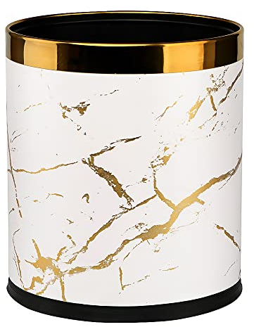 QLHIBLY Metal Waste Paper Bin with PU Leather Covered,10 liters Double Layer Trash Bin for Bedroom Living Room Bathroom kitchen Office Hotel(White Gold Marble)