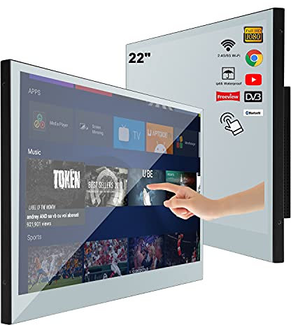 Soulaca Smart Mirror TV con Pantalla táctil de 22 Pulgadas para baño IP66 Televisión a Prueba de Agua Android 9.0 Full HD 1080P con Wi-Fi/Bluetooth y Altavoces Integrados