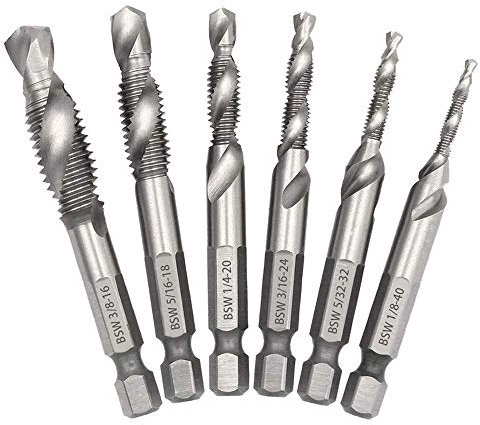 SI FANG 3 in 1 Combination Drill and Tap Set, 6Pcs Hex Shank Hand Tap HSS Drill Tap Bits Set- Imperial 1/8, 5/32, 3/16, 1/4, 5/16, 3/8, Multifunctional Spiral Screw Taps Drilling & Tapping Tool