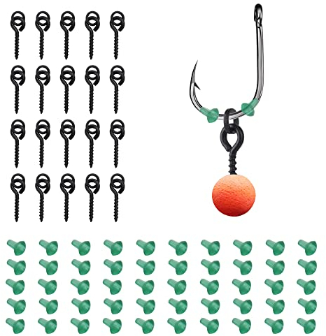 OTTYMO 50Pcs Hook Stops Rubber Shank Beads with 20Pcs Fishing Bait Screws Carp Rig Ring Screw Rings Earring Stopper Rotating Accessories for Fishing, Black