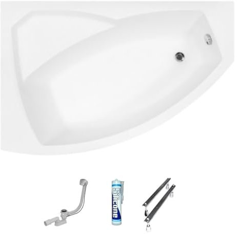 ECOLAM Baignoire d'angle acrylique Rima 140x90cm | version gauche | pieds siphon + silicone | Belle forme Design moderne
