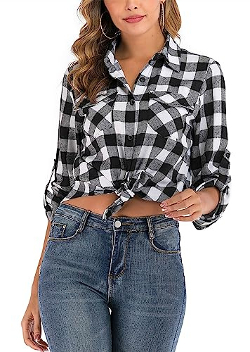 Yukiuiny Women's Flannel Plaid Shirt,Long Sleeve 100% Cotton Blouse,Button Down Casual Check Shirts Basic Tops