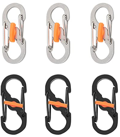 6-Piece S-Shape Stainless Steel Carabiner Keychain Hook Clips with Lock - Mini Carabiner for Home, Outdoor, Hiking, Fishing, Camping, Travel