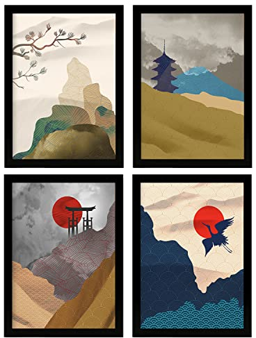 Nacnic Poster-Set, Japan, Harmonie, Poster und Illustrationen mit östlicher Ästhetik, Design und Dekoration, A4, ohne Rahmen, 4 Stück