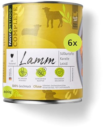 FAVLY Nassfutter für Hunde Lamm 6x800g, Monoprotein & getreidefrei | Mit Süßkartoffel, Karotte & Apfel, hoher Fleischanteil in Lebensmittelqualität, hypoallergen für Allergiker