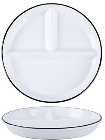 Portion Control Plate Diet Plates, Porcelain White Plates with Black Line Stroke Design | T-type | Suitable for One-person Meal | Microwave & Dishwasher Safe | Non Slip | Snack Dishes