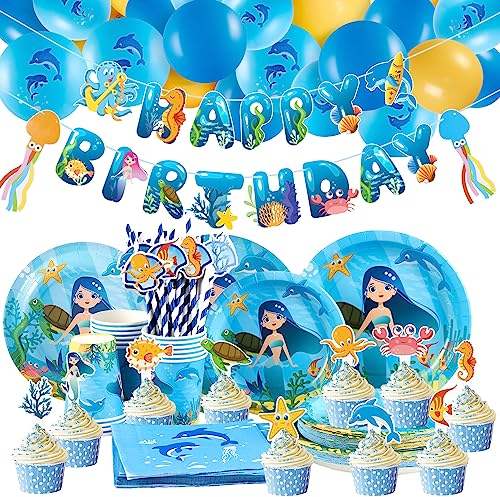 EASY JOY Meerjungfrau Ozean Geburtstag Deko 130stk Luftballons Partygeschirr Set 32 Pappteller 16 Pappbecher Happy Birthday Banner Kuchendeko Ozean Tiere für Geburtstag Party Kinder