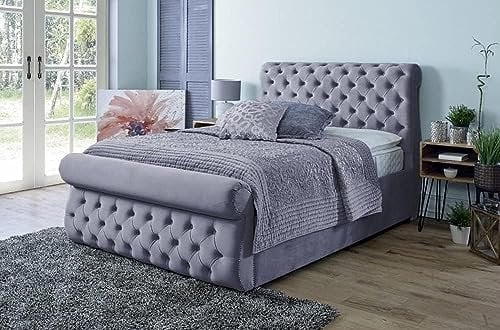 DECORE4U LTD - Azzurra Chesterfield Grey Sleigh Bed Frame with Luxurious Spring Memory Foam Mattress | Stylish 5FT King Size Bed with Designer Headboard and Footboard | Bed & Mattress Sets