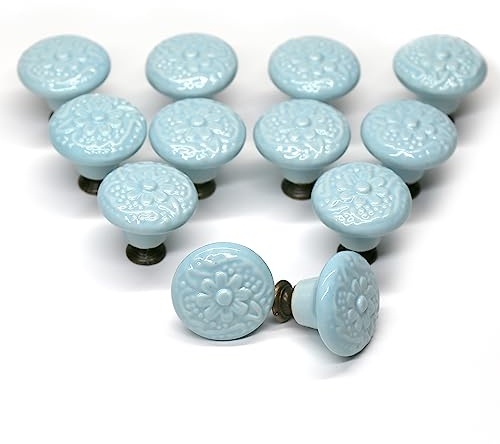 Auped Lot de 12 boutons d'armoire vintage avec poignées rondes en céramique de 34 mm, poignées pour meubles vintage ronds pour maison, adaptées aux commodes, armoires, poignées de porte (Bleu clair)