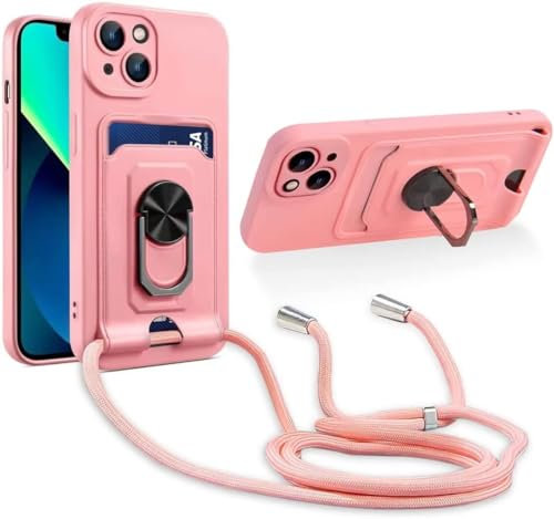 Haygdz Funda con Cuerda Compatible con iPhone 7/8/iPhone SE 2022/SE 2020, 360 Anillo función de Soporte y Ranuras para Tarjetas, Ajustable Collar Correa de Cuello Cordón Carcasa de Silicona, Rosa