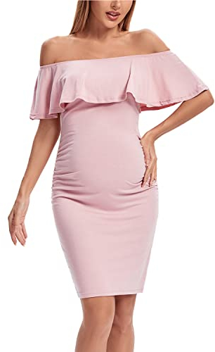 Shen&Qege Umstandskleid Lässig mit Schulterfreiheit, Rüschen, ärmellos, Bodycon, Umstandsmode Sommer