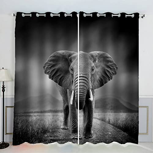 AKATIE Elefant Schwarz Und Weiß Gardinen Kinderzimmer 3D Drucken Fenstervorhang Wilde Tiere Vorhänge Abdunkelnd Blickdichte Schallschutz Gardinen mit Ösen 2er-Pack (140x160 cm)