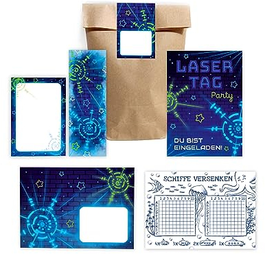 12 Einladungskarten zum Kindergeburtstag Lasertag Laser Tag Mädchen Jungen incl. 12 Umschläge, 12 Partytüten/natur, 12 Aufkleber, 12 Lesezeichen, 12 Blöcke, 12 Schiffe versenken Einladungsset