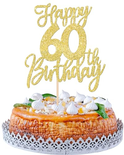SYKYCTCY 1 Pack Happy 60th Birthday Cake Topper Gold Glitter Cheers to 60 Years Birthday Cake Pick 60 Fabulous Cake Decoration for Happy Birthday Theme Anniversary Party Supplies