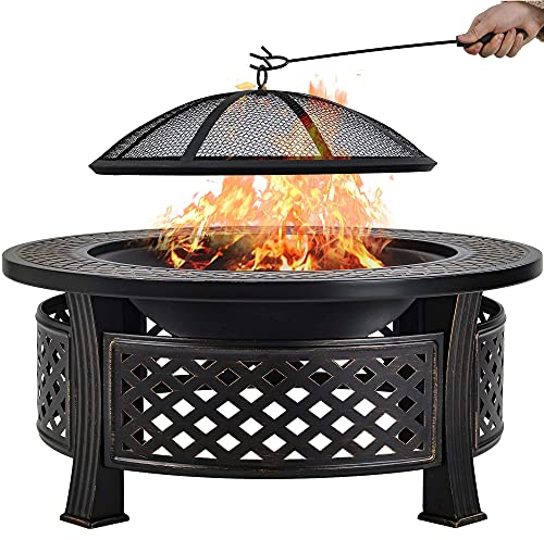 Foyer extérieur, Bol à feu en métal avec tisonnier/Grille à Charbon/Couvercle en Maille, Chauffage de Patio de Jardin Gril feu de Joie de Camping Dia: 81 cm
