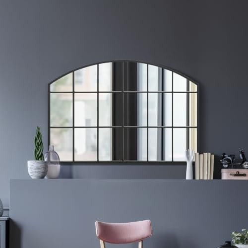 MirrorOutlet The Arcus - Black Framed Modern Over Mantle Arched Wall Window Mirror 43 X 29 (110CM X 75CM) Silver Mirror Glass with Black All weather Backing