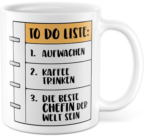 Tasse Chefin mit Spruch Geschenk Aufwachen - Kaffee trinken - Die beste Chefin der Welt sein - Kaffeetasse Bürotasse Wichtelgeschenk, Geschenkidee Mitarbeiter Jubiläum Weihnachten Boss Kaffee-Becher