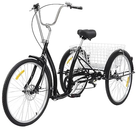 Dustuper Dreirad FüR Erwachsene, 26-Zoll-Dreirad (Scheibenbremse), Citybike-Dreirad, Sechs GäNge Einstellbar, SitzhöHe Verstellbar, Mit Korb, 120 Kg Belastbarkeit, Schwarz