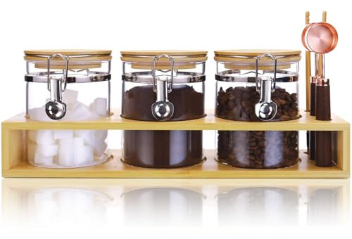 Matifaner Vorratsdosen aus Glas mit Löffel, Lebensmittel-Vorratsdosen mit Regal, Glas-Kaffee-Nüsse, Behälter mit Bambusdeckel, Schaufel für Kaffeebohnen, gemahlenen Kaffee, Nüsse, Kekse, Mehl (700 ml