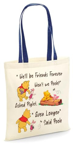 Crunchy Carrots Pooh Bag - The Pooh and Piglet Friendship Quote Reusable Bag, Shopping Bag, Tote Bag with Colour Handle (French Navy Handle)