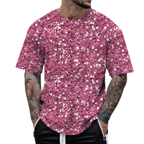 Darringls T-shirt à manches courtes pour homme - À paillettes - Métallique - Brillant - Coupe ajustée - Pour l'été - Avec col rond - Carnaval - Haut pour homme, Rose chaud, XXL
