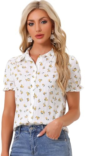 Allegra K Women's Short Sleeve Button-Up Peter Pan Collar Blouse, Yellow Floral, S