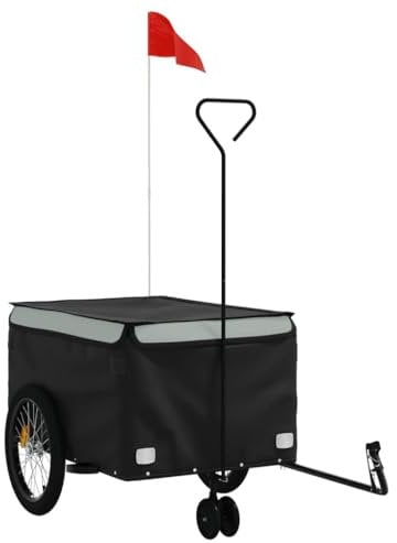 vidaXL Fahrradanhänger, Lastenanhänger mit Sicherheitsflagge, Transportanhänger mit Deichsel, Fahrrad Anhänger Radanhänger, Schwarz Grau 45kg Eisen