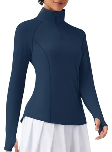 IECCP Womens Golf Tennis Polo Shirts Zipper V-Neck Long Sleeve UPF 50+ Sun Protection Workout Tops for Exercise Fitness Oversize Navy Blue XL