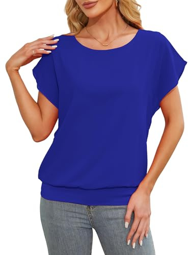 Anelune Damen Tops Sommer Locker Kurzarm Bluse Chiffon Elegante Leichte T-Shirts für Frauen Lässige Flowy Oberteile Blau XL
