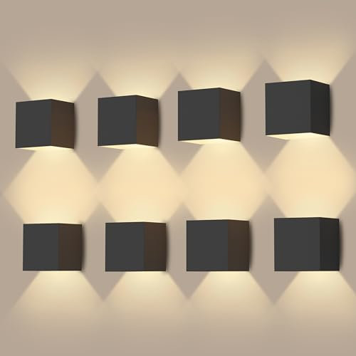 OTeedo 8 Stück Wandlampe Innen, Aluminium 12W 3000K Warmweiß LED Wandleuchte Innen, Up and Down Leuchten Aussen, Einstellbarer Lichtstrahl, IP65 Wandlampe Schwarz Wandleuchten für Innen