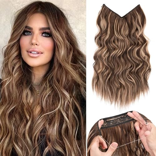 TESS Flip in Extensions 50 cm, Honigblond mit Hellbraun Secrets Haare Extensions Gewellt 140g mit 4 Clips Extensions mit Band Synthetik Hair haarverlängerung mit Gummiband Mit Breitzinkigem Kamm