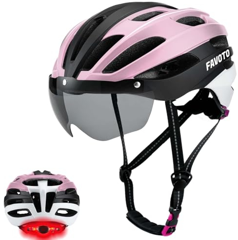 Favoto Casque Vélo avec Lumière - Casques de Cyclisme pour Homme Femme Adulte avec Lumières Arrières Circonférence de Tête Réglable Visière Amovible L 57-61cm Noir Rose