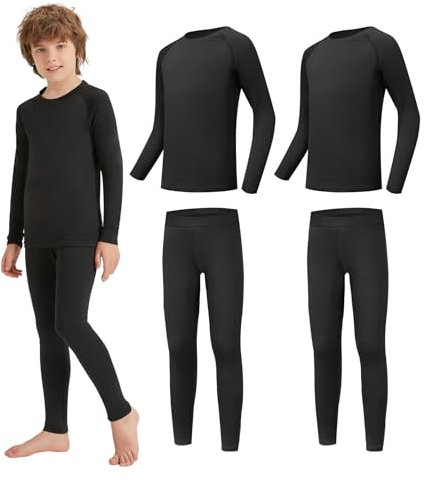 AMZSPORT Thermounterwäsche für Kinder, Skiunterwäsche und Funktionsunterwäsche für Fussball und Training im Winter, Thermowäsche für Mädchen und Jungen, Schwarz-2Sets L