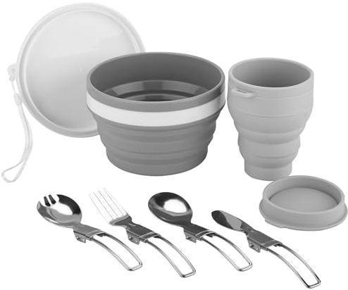 Foldable Mess Kit, ISFORU Camping Cup Bowl with Cutlery Set, Microwave Oven Available Food Grade Silicone for Travel Outdoor Camping Hiking and Picnic