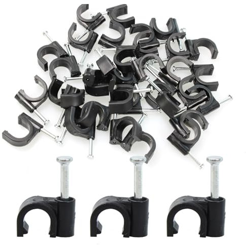 PDETVEO Lot de 100 demi-colliers de serrage noirs en J avec clou, clous de câble Ethernet de 1 cm pour support de tuyauterie