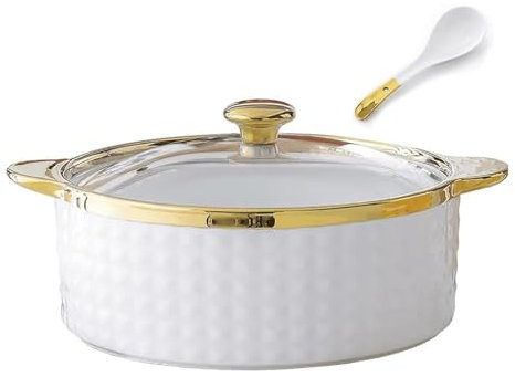 Soupière avec couvercle en verre et cuillère, bol à soupe de service en céramique de grande capacité, bols à soupe de service en porcelaine avec bordure dorée, bol rond blanc for la décoration de la c