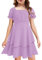 Arshiner Mädchenkleid Kurzarm Rüschenkleid Schick Chiffonkleid Abendkleider Elegant Kinderkleider Lila Festkleider Stufenkleid mit Gürtel 10-11 Jahre
