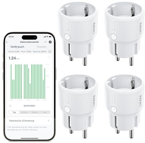 LIKEFE Intelligente Steckdose, Stromverbrauch & Stromkosten überwachen, WLAN Steckdose für Innenräume, Smarte Steckdose mit Zeitschaltuhr, App Fernsteuerung & Sprachsteuerung, 2.4GHz