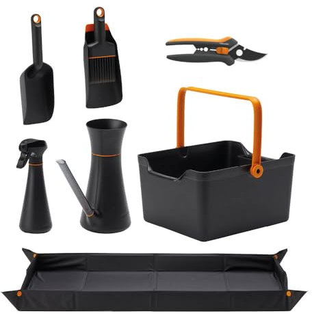 Fiskars Gartenwerkzeuge-Set, 7-teilig, Floristenschere SP14, Pflanzschaufel mit Bürste, Handschaufel, Pflanzmatte, Aufbewahrungsbox, 0,3-l-Pflanzensprüher, 1,2-l-Gießkanne mit Deckel, 1076797