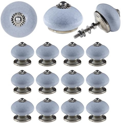 ETHNICITI Pack of 12 Round Grey Crackle 40mm Ceramic Door Knobs Vintage Shabby Chic, Wardrobe Cabinet Cupboard Drawer Interior Furniture Pulls Handles Bedroom Dresser Lounge Kitchen