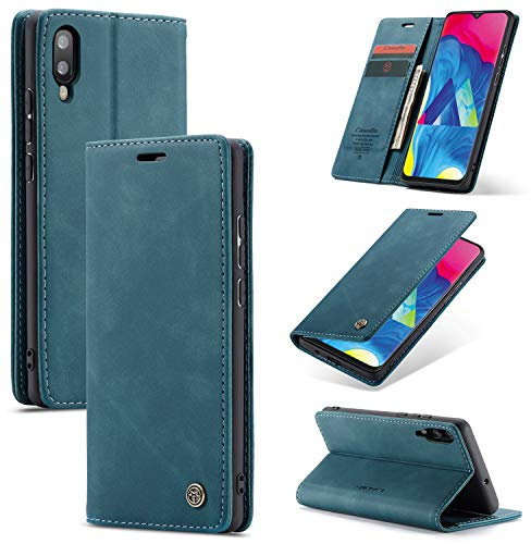 Cracedily Coque pour Galaxy A10 / Galaxy M10 Pochette, Etui Protection Housse Premium en Cuir PU, Etui à Rabat Pochette de Portefeuille Étui pour Samsung Galaxy A10 Case, Bleu Vert