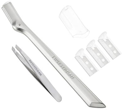 TWEEZERMAN Rasoir à sourcils avec mini pince à épiler inclinée (Mini Slant Tweezer & Brow Razor Set), argenté