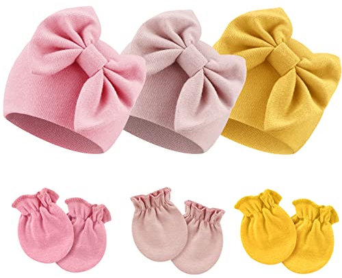 DRESHOW Newborn Baby Hats Mittens Set Hospital Hat Beanie Infant Bow Hats Baby Cotton Gloves No Scratch Mittens for 0-6 Months