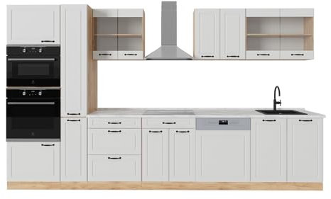 Vicco Küchenzeile R-Line, Weiß Landhaus/Goldkraft Eiche, 350 cm, AP Marmor