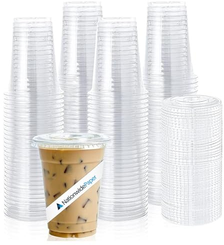 Nationwide Paper 10oz Crystal Clear Smoothie Cups with Flat lids, Perfect for Iced Coffee, Milkshake, Slurpee, Ice Cream, Razzle, Slush, Smoothy, Party's - Pack of 500