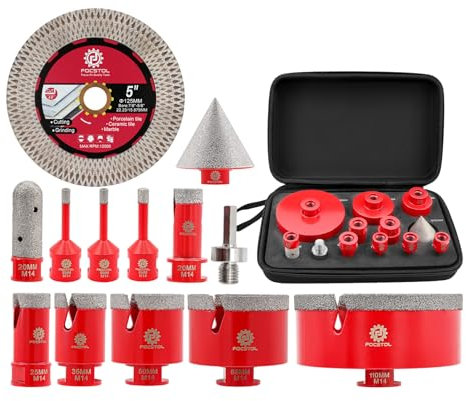 FOCSTOL Foret Diamant Carrelage Kit - 13 pièces (6/6/8/20/25/35/50/68/110mm+20mm Fraise+50mm Mèches Chanfrein Biseautée+Adaptateur+125mm Disque) Scie Cloche Carrelage Kit pour Porcelaine Marbre Granit