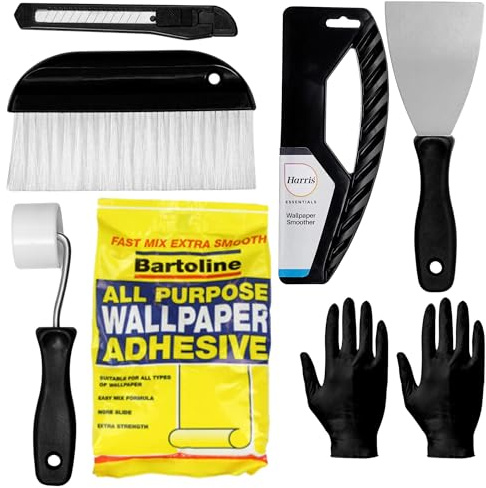 Wallpaper Adhesive Kit - Set Includes 10 Roll Adhesive Paste and Wallpaper Kit Containing Smoother, Roller, Hanging Brush, Scraper, Trimmer and Gloves