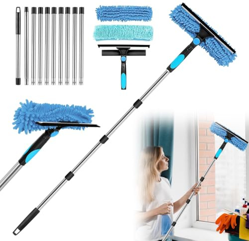 4,5M Fensterwischer mit Teleskopstiel, Fensterputzer Teleskop mit Gummiwischer und Mikrofasertuch, 2 in 1 Langer Glas Fensterreiniger Set für Bad, Innen & Außen, Hochfenster, Wand, Auto(Blau)