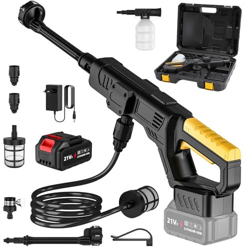 Nettoyeur Haute Pression sans Fil, 50 Bar Nettoyeur Haute Pression sur Batterie avec 1 x 3,0 Ah Batterie, Buse 6 en 1, Moteur en Cuivre Pur de 300 W, Tuyau 5m, Adapté pour Voiture, Jardin